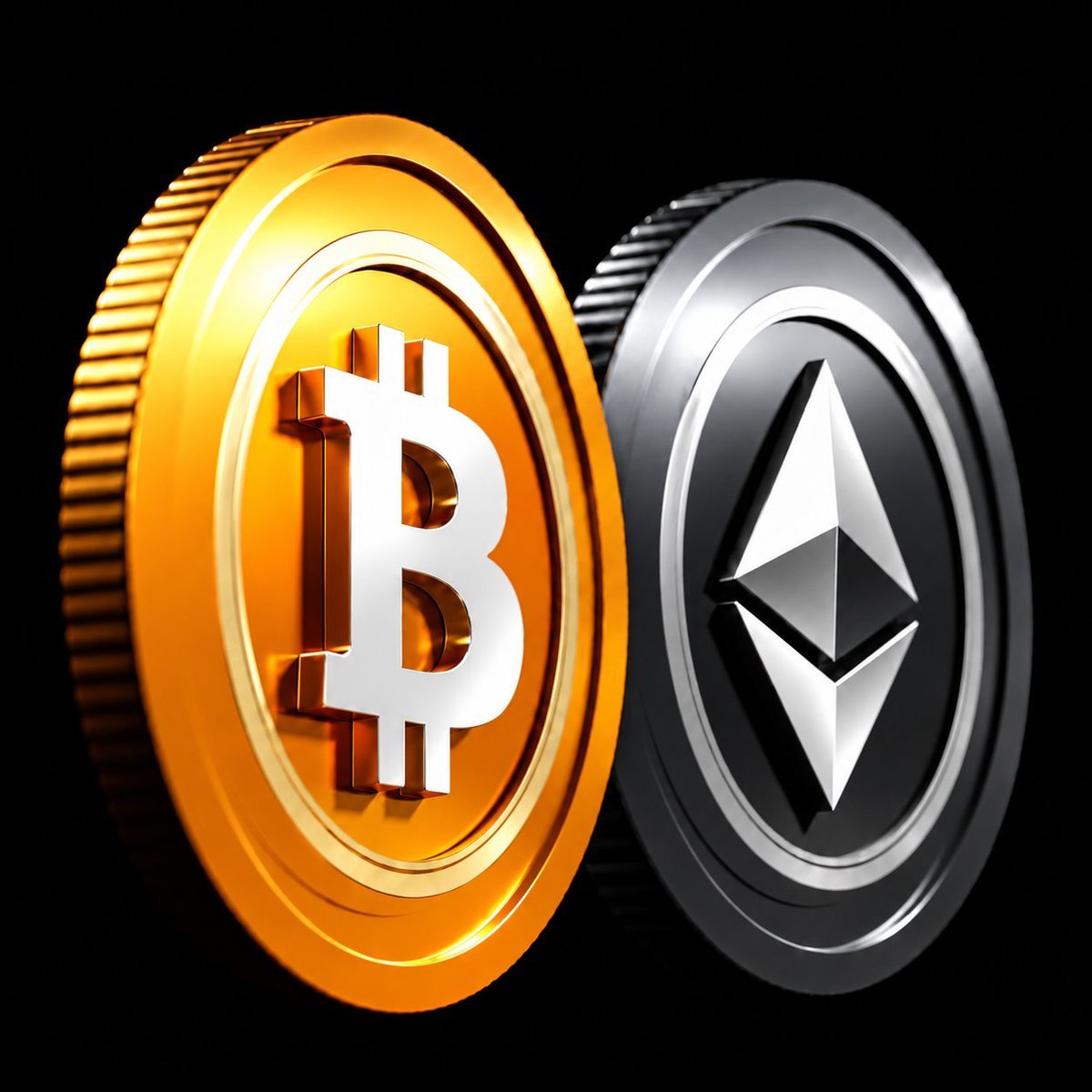 A gold Bitcoin coin and a silver Ethereum coin side by side against a black background.