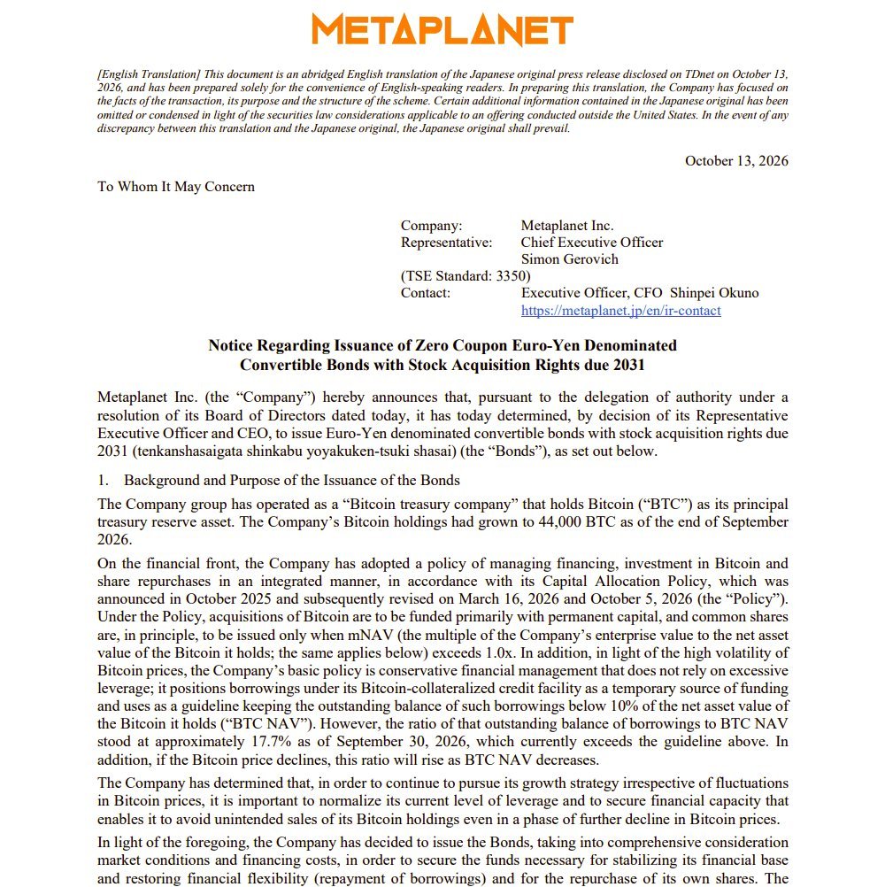 Official disclosure document from Metaplanet titled Notice Regarding Issuance of Zero Coupon Euro-Yen Denominated Convertible Bonds with Stock Acquisition Rights due 2031