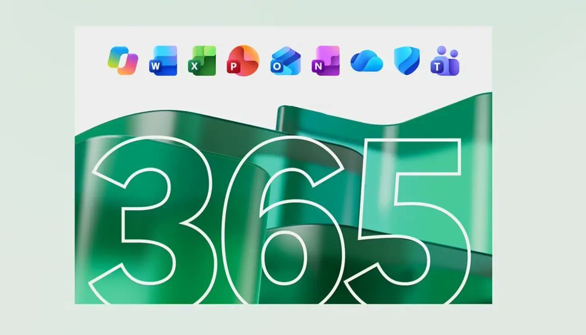 Graphic showing the number 365 in large white font over green ribbons, topped with app icons for Microsoft 365 products including Copilot and OneDrive.