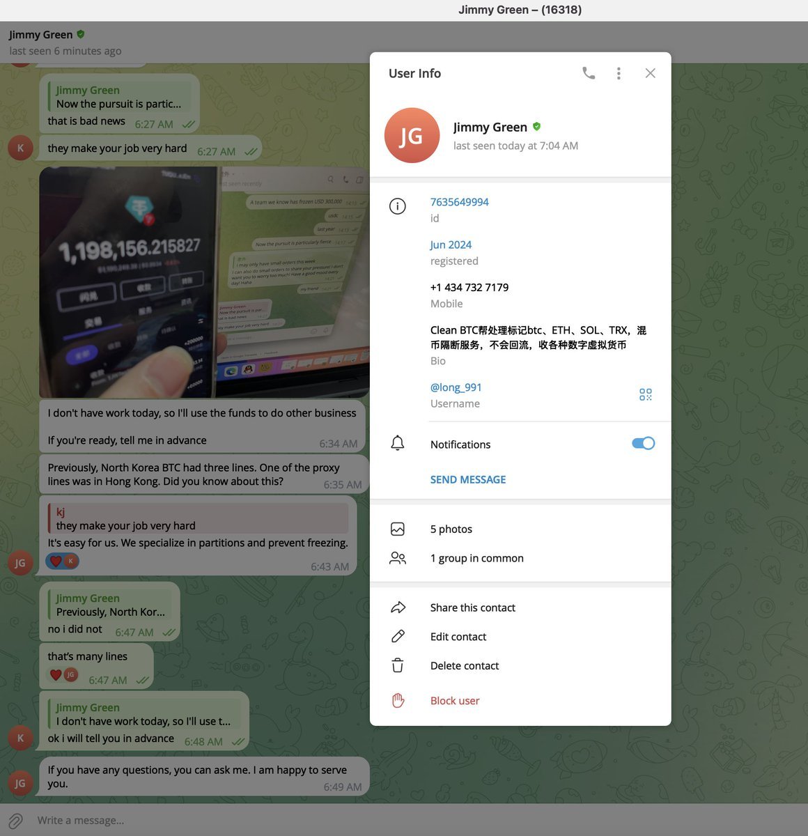 Screenshot of a Telegram chat and user profile info for an account named Jimmy Green detailing crypto laundering services.
