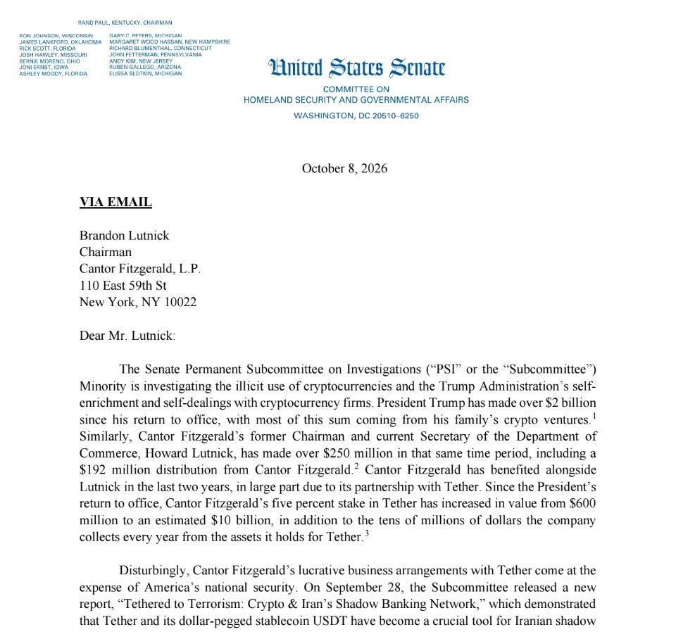 An official letter from the United States Senate Committee on Homeland Security and Governmental Affairs addressed to Brandon Lutnick of Cantor Fitzgerald.