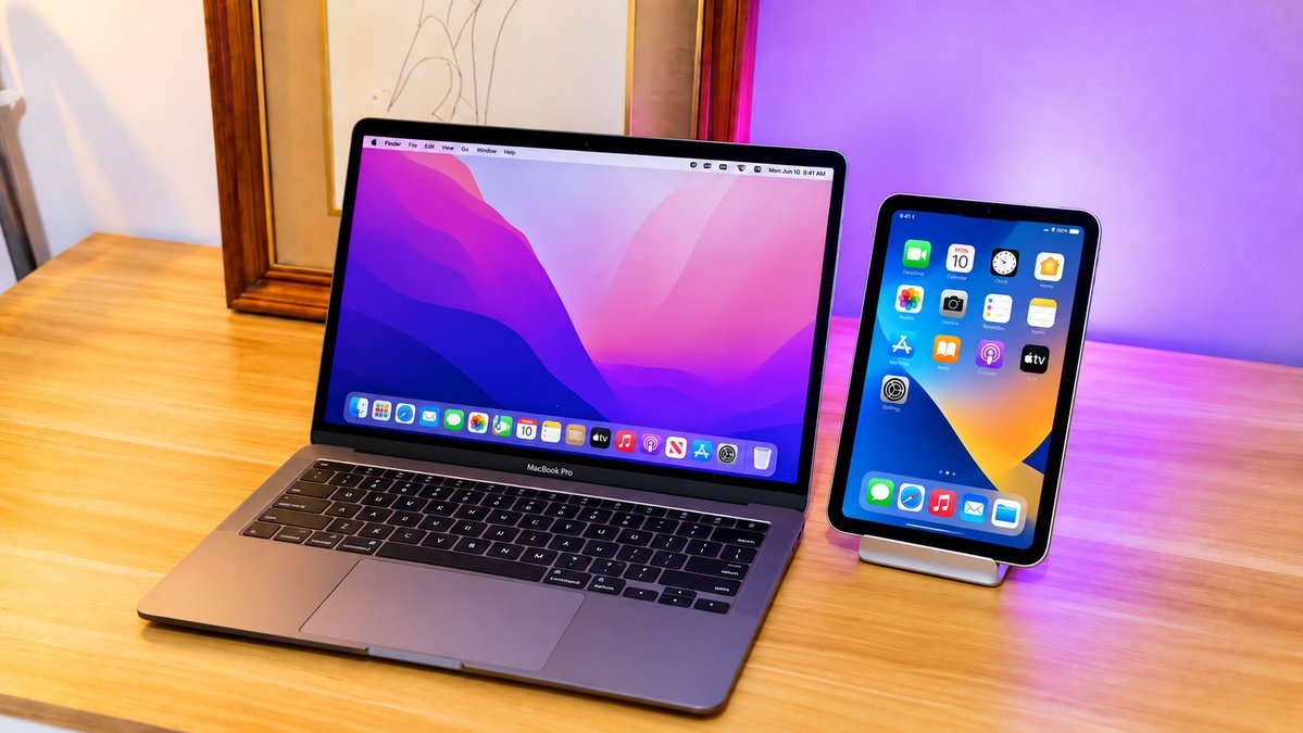 An Apple MacBook Pro laptop open next to an iPad mini on a wooden desk.