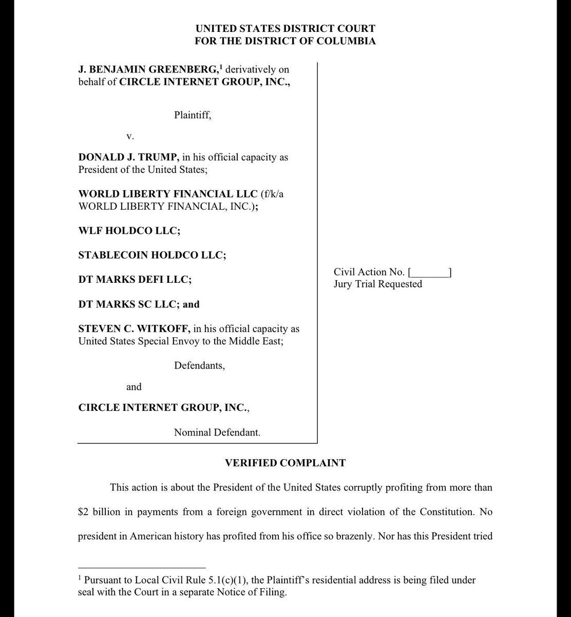 First page of the verified complaint filed in the U.S. District Court for the District of Columbia by J. Benjamin Greenberg against Donald Trump and World Liberty Financial.