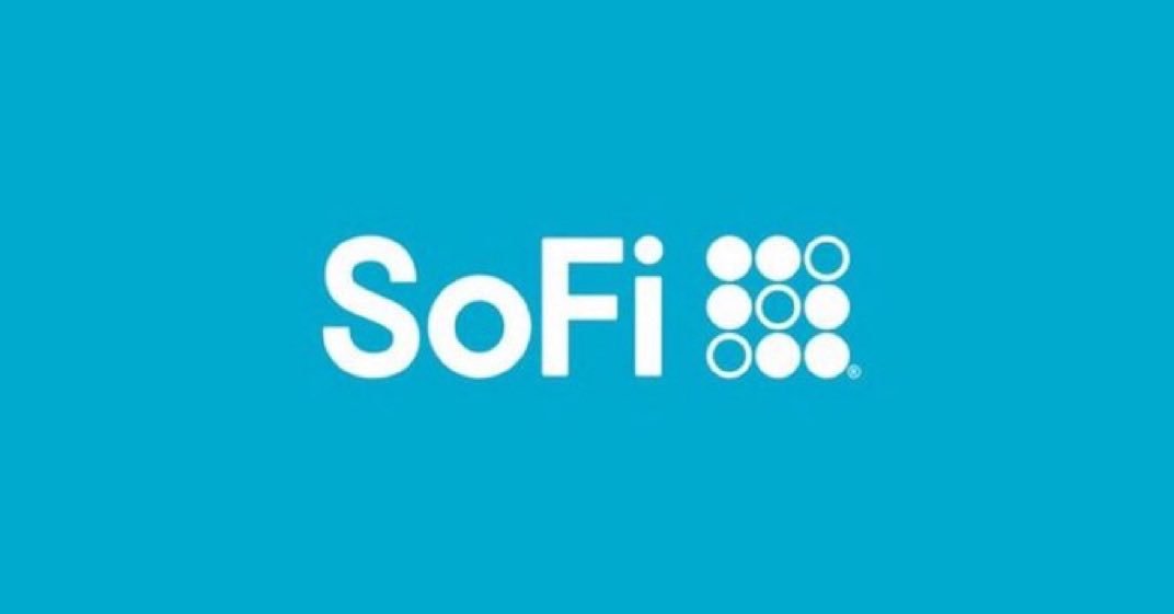SoFi logo in white text and icon against a bright blue background
