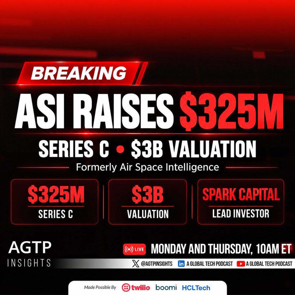 Graphic announcing ASI raising $325M in Series C funding at a $3B valuation, led by Spark Capital.