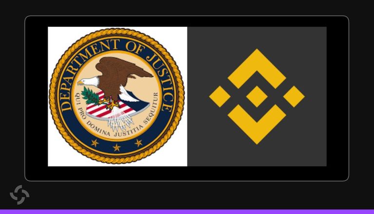 Graphic showing the official seal of the United States Department of Justice alongside the yellow and black Binance logo.