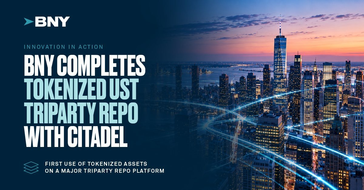 Graphic announcing BNY completing a tokenized U.S. Treasury triparty repo transaction with Citadel, set against a nighttime city skyline with glowing digital network lines.