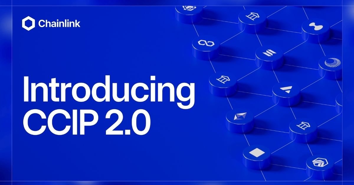 Graphic announcing the launch of Chainlink CCIP 2.0 on a blue background with connected blockchain token icons.