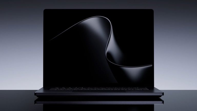 Front view of the Microsoft Surface Laptop Ultra displaying an abstract ribbon design on its screen.