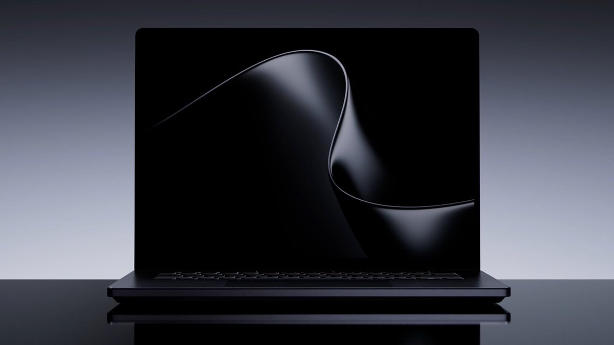 Front view of the Microsoft Surface Laptop Ultra displaying an abstract ribbon design on its screen.