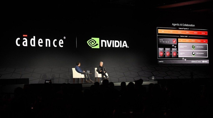 Cadence and Nvidia stage presentation featuring executives discussing agentic AI collaboration on screen.