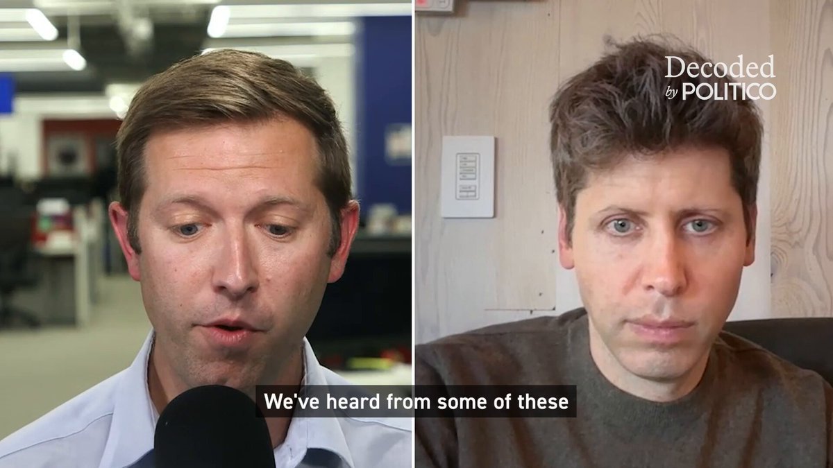 Split-screen video still showing an interviewer speaking with OpenAI CEO Sam Altman during an interview on Politico's Decoded.
