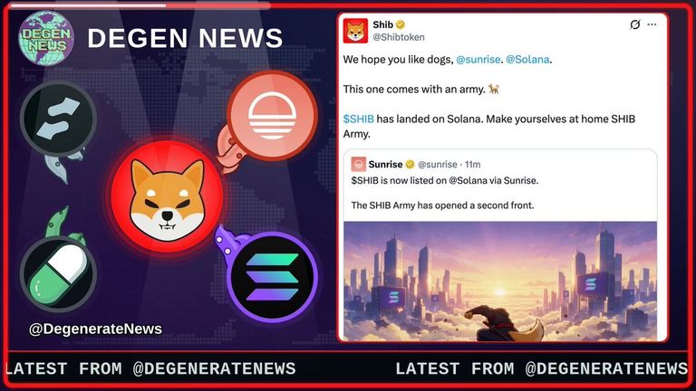 Graphic showing logos for Shiba Inu, Solana, Sunrise, and Pump.fun alongside screenshots of announcement posts about SHIB launching on Solana.