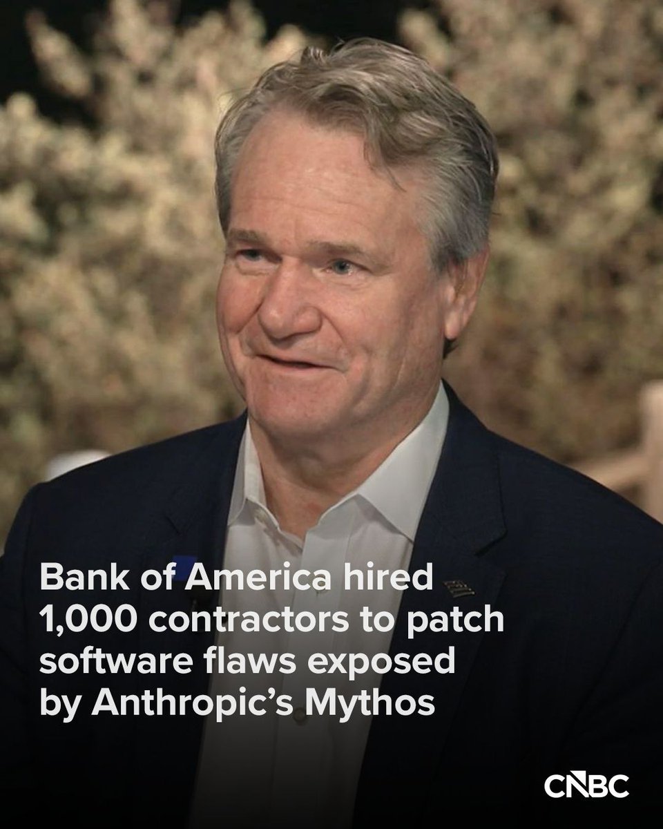 Portrait of Bank of America CEO Brian Moynihan during a CNBC interview with overlaid text about hiring 1,000 contractors.