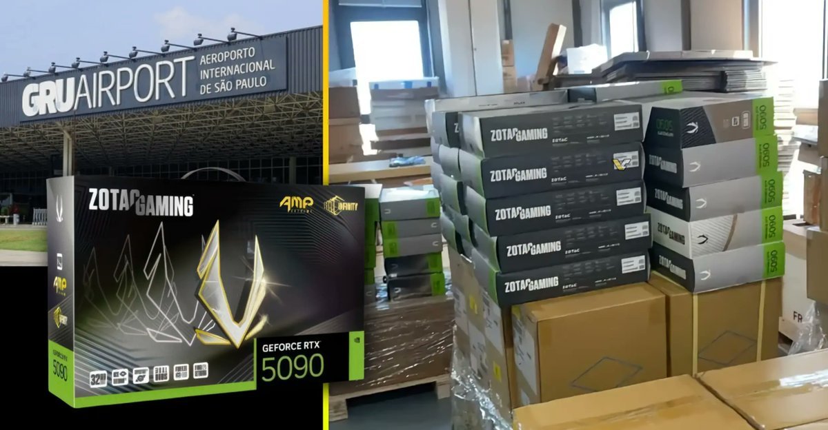 Composite image showing pallets of ZOTAC Gaming graphics card boxes alongside the exterior signage of GRU Airport in São Paulo.