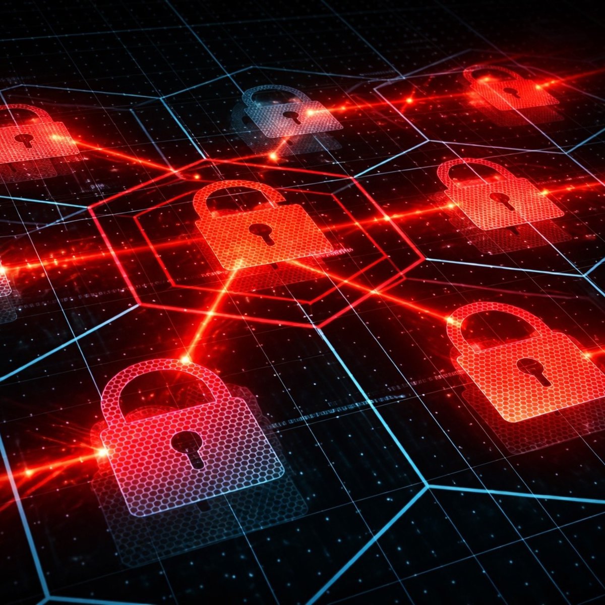 Digital graphic of interconnected glowing red padlocks representing network security and vulnerability.