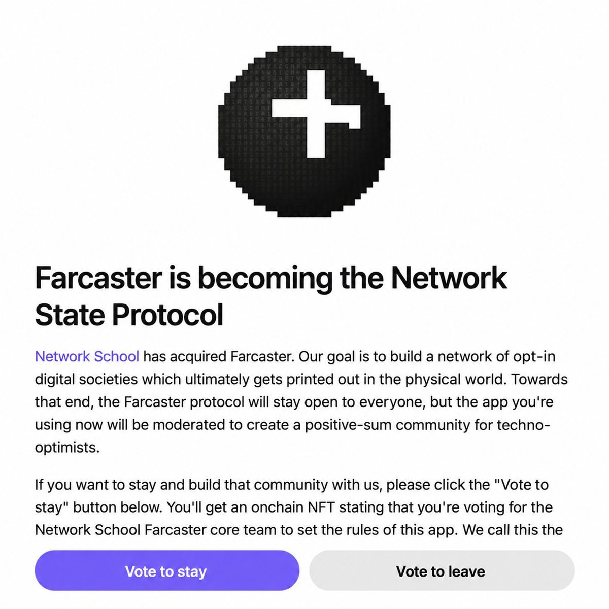 Screenshot of an announcement in the Farcaster app stating 'Farcaster is becoming the Network State Protocol' with options to 'Vote to stay' or 'Vote to leave'.