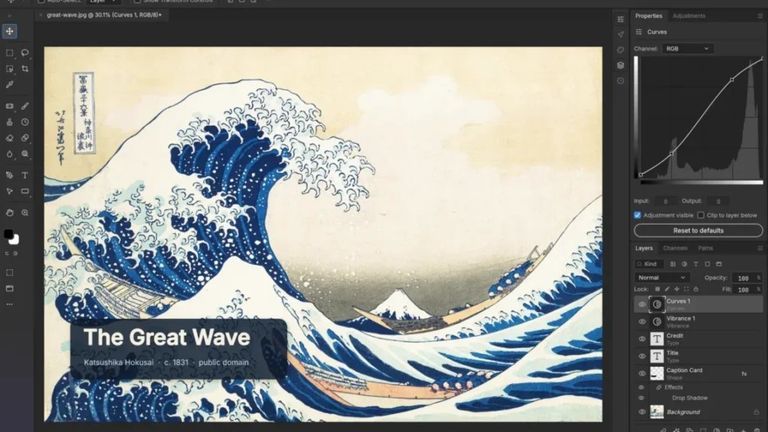 Screenshot of PhotoCraft's image editing user interface showing an edit of The Great Wave off Kanagawa.