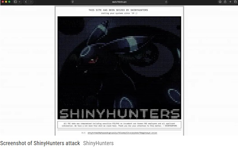 A web browser screenshot showing the defaced FBI jobs portal displaying ASCII art and a message claiming site seizure by hacker group ShinyHunters.