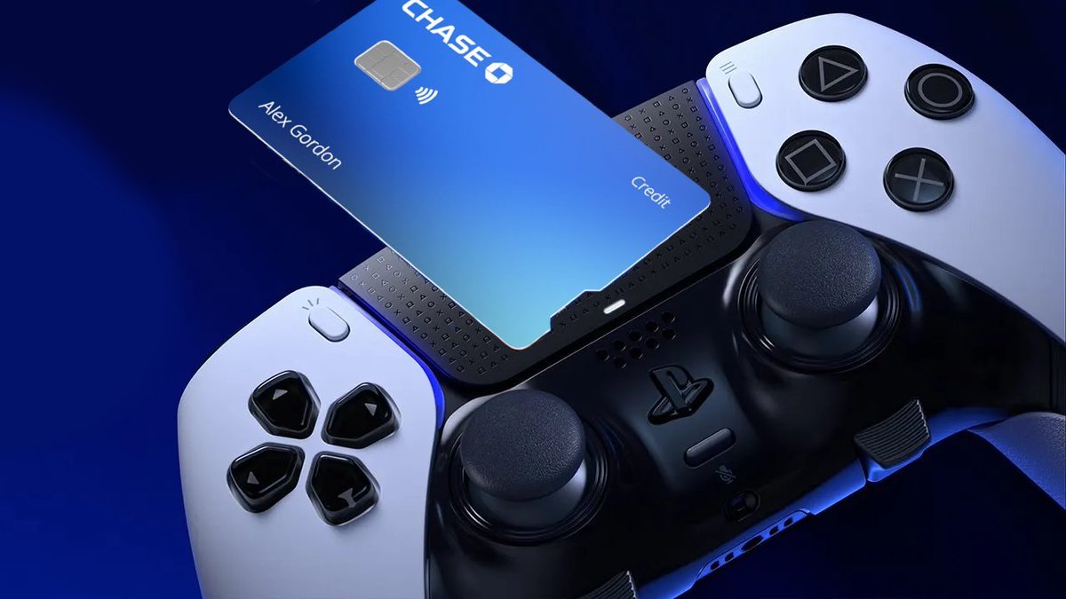 Conceptual illustration of a contactless credit card tapping the touchpad of a PlayStation controller.