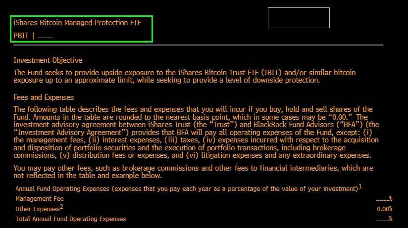 A section of an SEC filing document detailing the investment objective, ticker PBIT, and fee table for the iShares Bitcoin Managed Protection ETF.