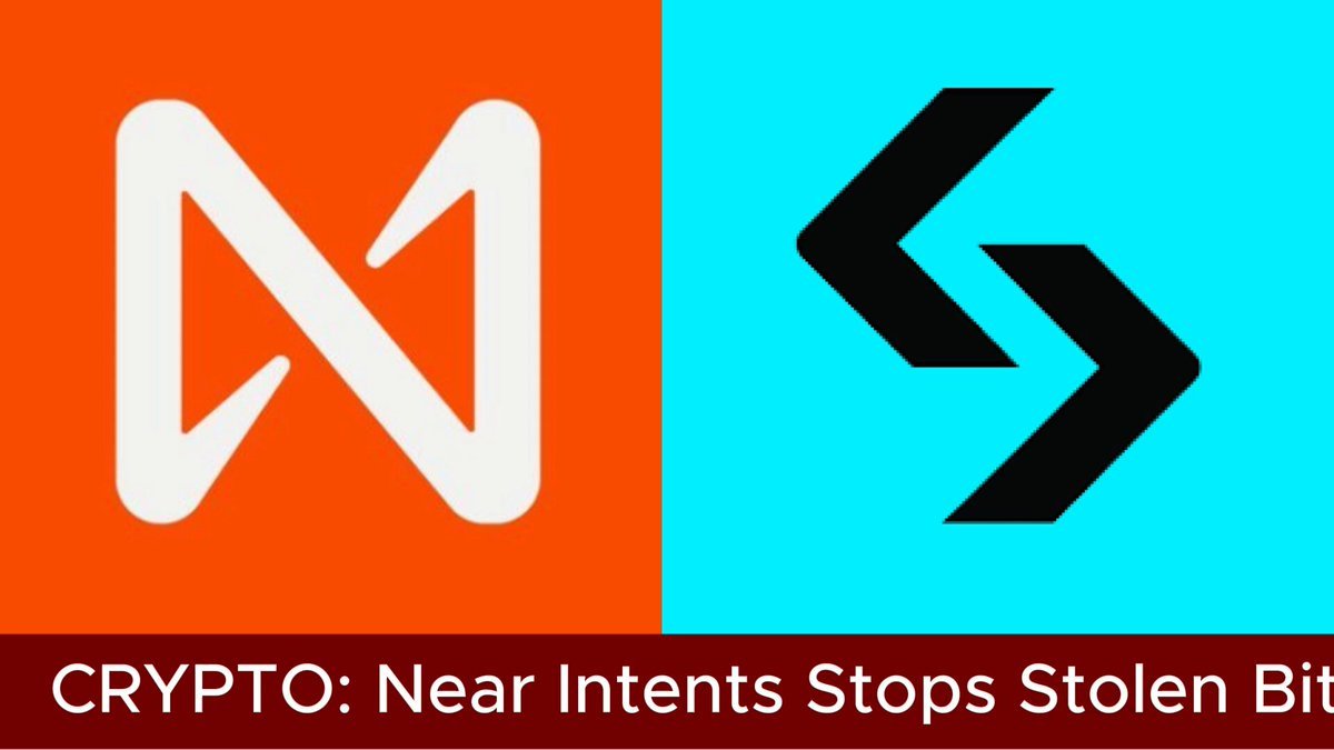 Graphic split between the NEAR logo on an orange background and the Bitget logo on a cyan background, with text reading NEAR Intents stops stolen Bitget funds.