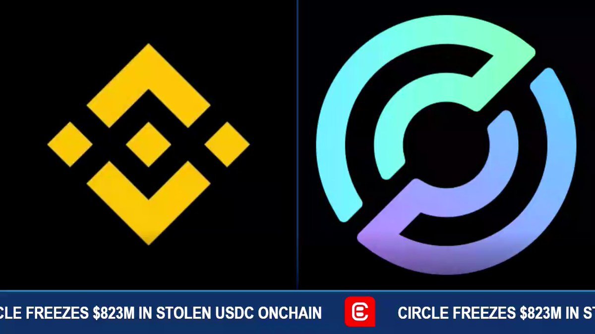 Graphic showing the yellow Binance logo alongside the multi-colored Circle logo on a dark background with a news banner at the bottom.