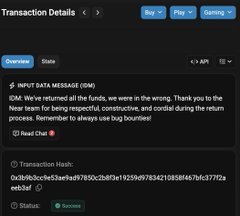 Screenshot of blockchain transaction details showing the attacker's input data message confirming the return of all funds and advocating for bug bounties.