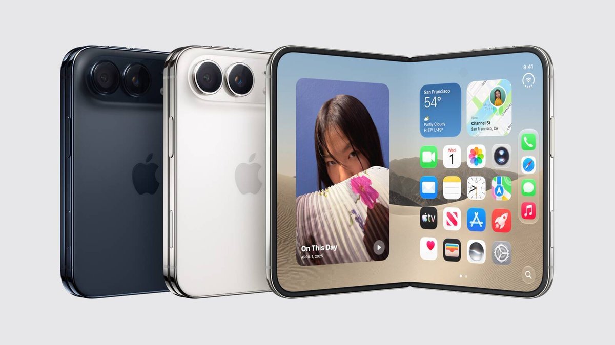 Product rendering showing the front and back of the foldable iPhone Duo in dark and light finishes.