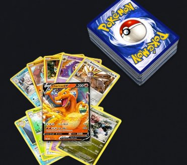 A deck and fanned-out collection of Pokémon trading cards featuring Charizard on a dark surface.