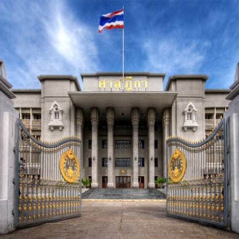 Exterior of the Supreme Court of Thailand building behind ornate entrance gates under a blue sky.