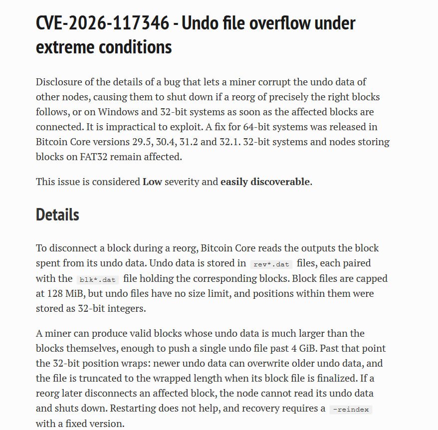 Text from a security disclosure advisory detailing CVE-2026-117346, titled 'Undo file overflow under extreme conditions' for Bitcoin Core.