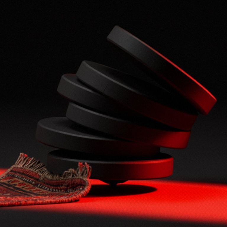 A conceptual illustration showing dark round crypto tokens toppling onto a small rug under red lighting.