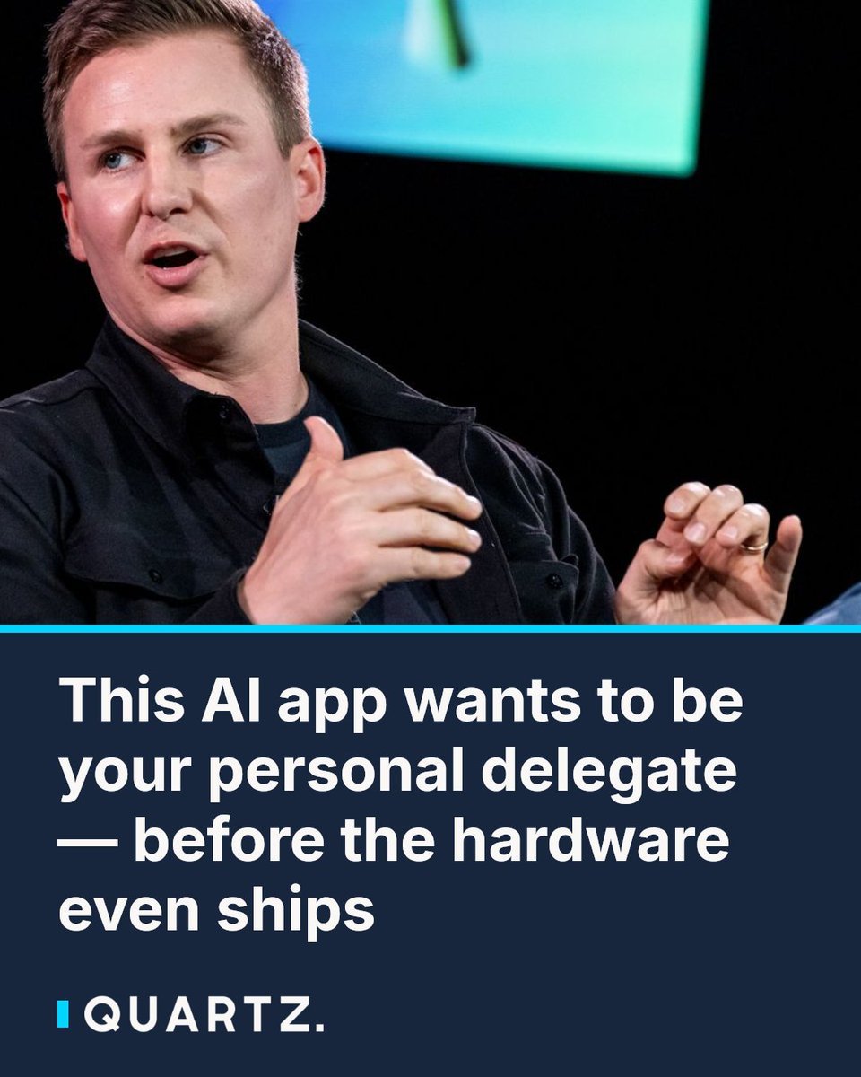 Brett Adcock speaking during a panel discussion, shown above a Quartz headline about Hark Pro.