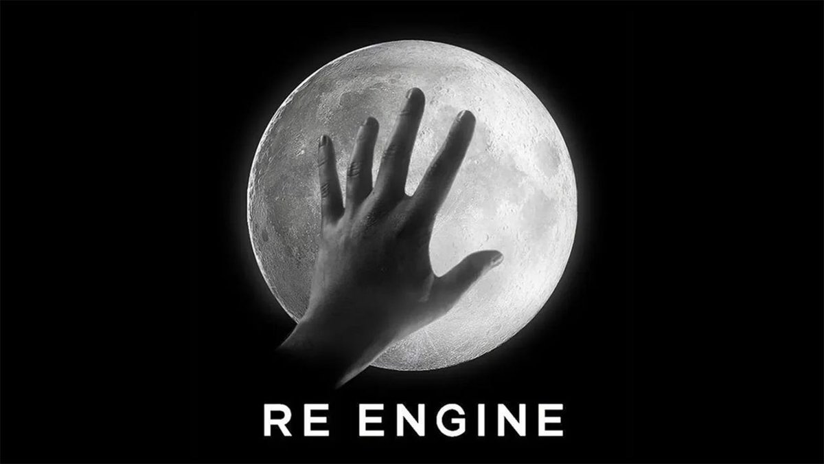 The Capcom RE Engine logo showing a hand reaching across the surface of a glowing moon on a black background.
