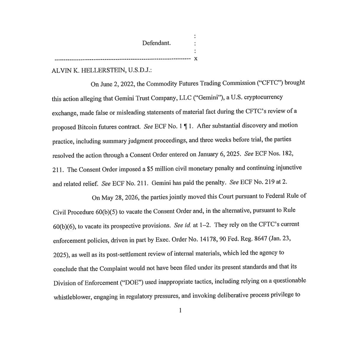 First page of the federal court ruling by Judge Alvin K. Hellerstein denying the joint motion to vacate the Gemini and CFTC consent order.