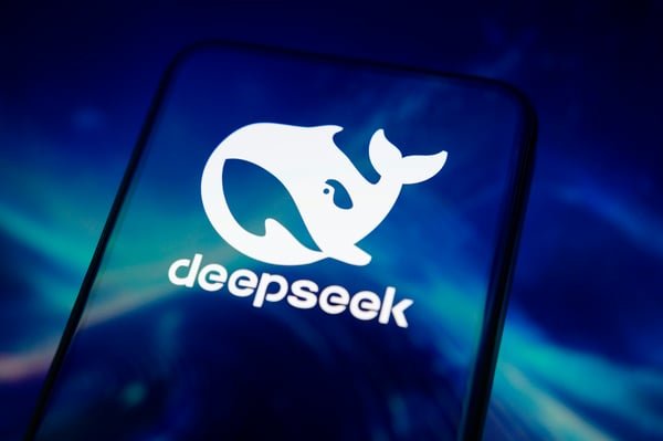 A smartphone screen displaying the DeepSeek logo and name.