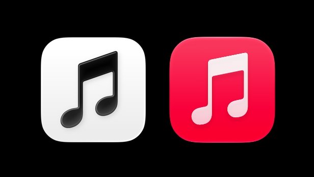 Side-by-side comparison of the redesigned monochrome Apple Music app icon with a black musical note on a white background next to the traditional red icon.