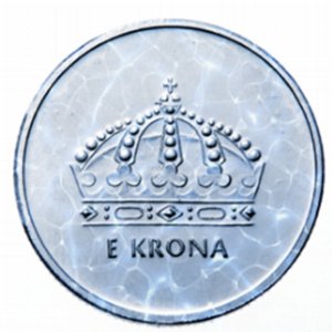 An illustrative silver coin design featuring the Swedish royal crown and the words 'E KRONA'.