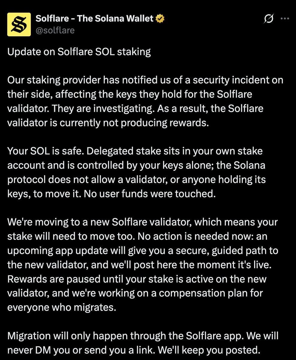 Screenshot of an official update post by Solflare explaining a security incident at its staking provider and the pause of validator rewards.