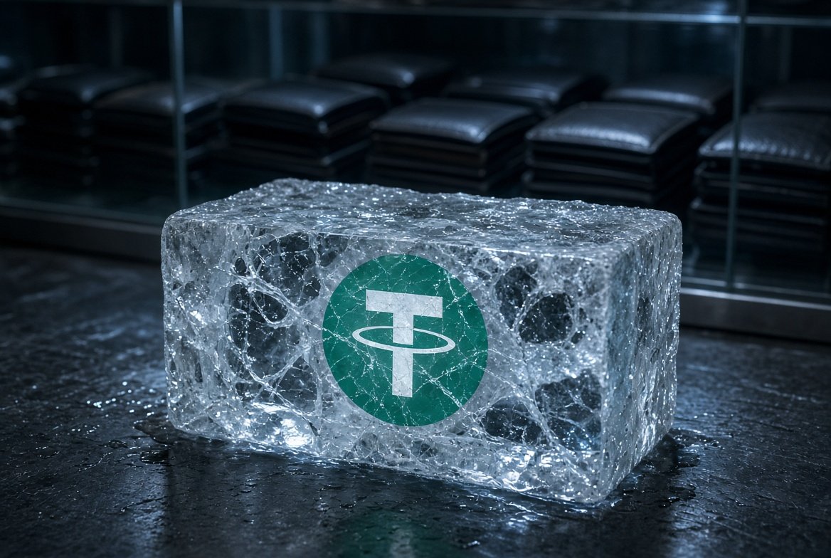 A 3D rendering of the green Tether USDT logo encased inside a large block of cracked ice.