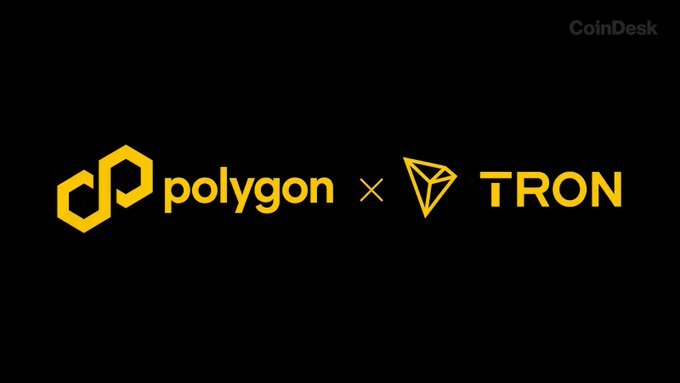 Graphic displaying the Polygon logo and the TRON logo separated by a multiplication symbol on a black background.