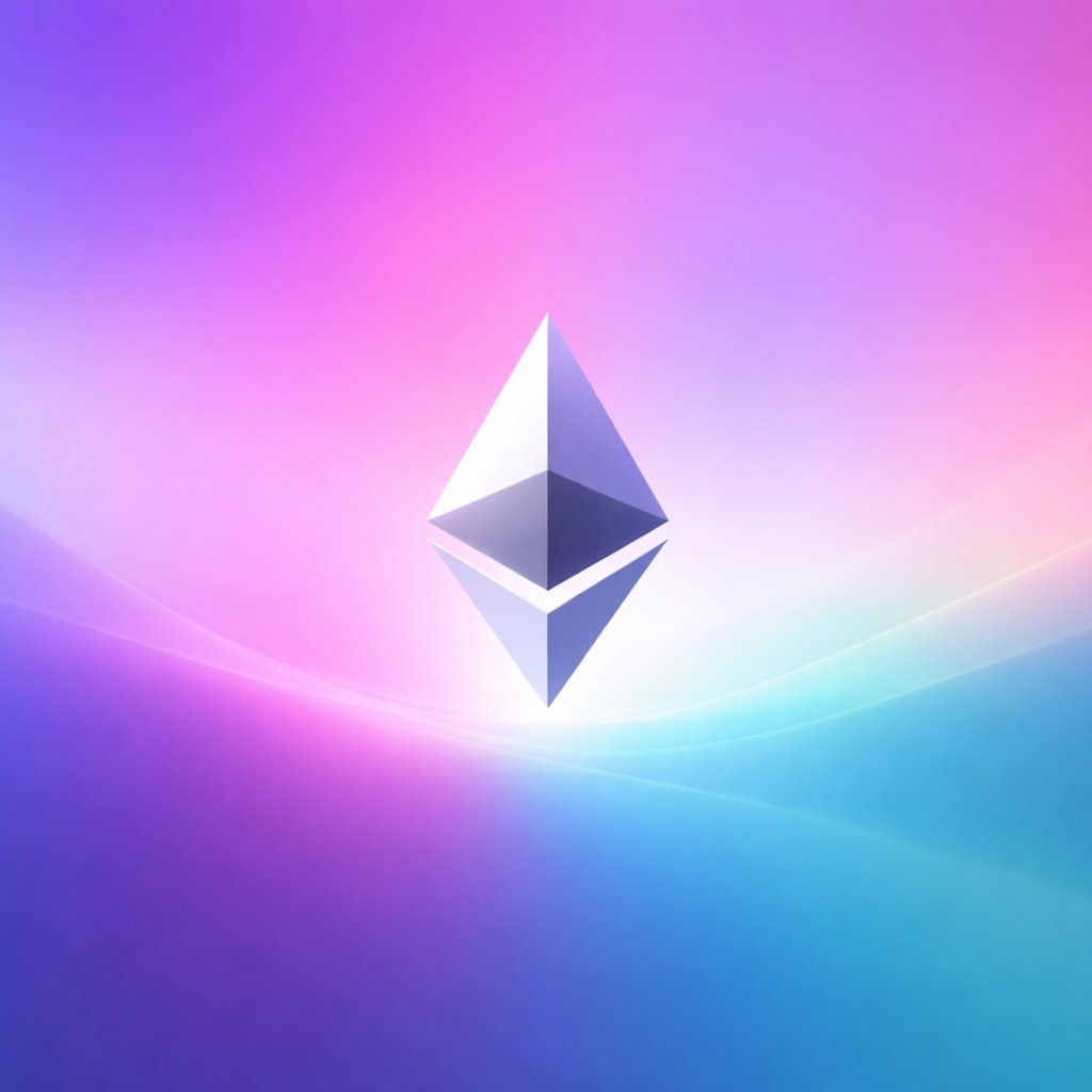 A 3D rendering of the Ethereum diamond logo set against a purple and blue gradient background.
