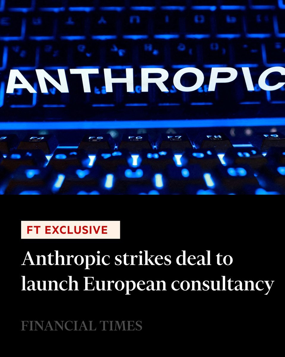 Anthropic logo overlaid on a backlit keyboard above a Financial Times headline about launching a European consultancy.