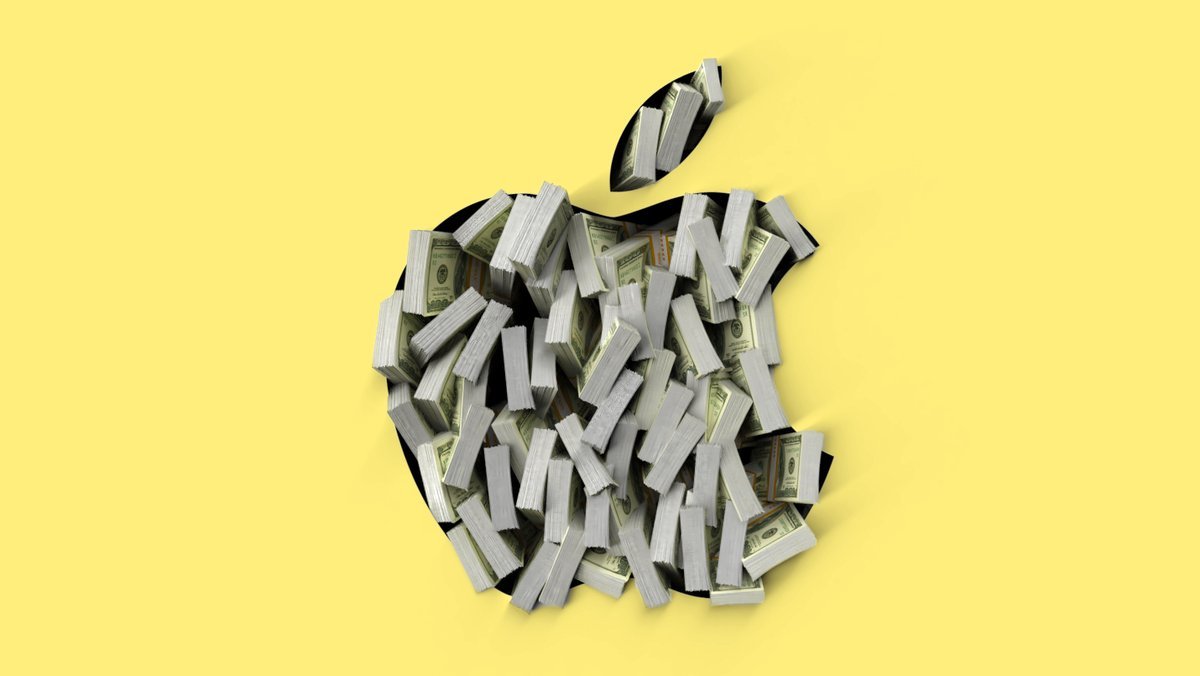 Illustration of the Apple logo cutout filled with stacks of US dollar bills on a yellow background.
