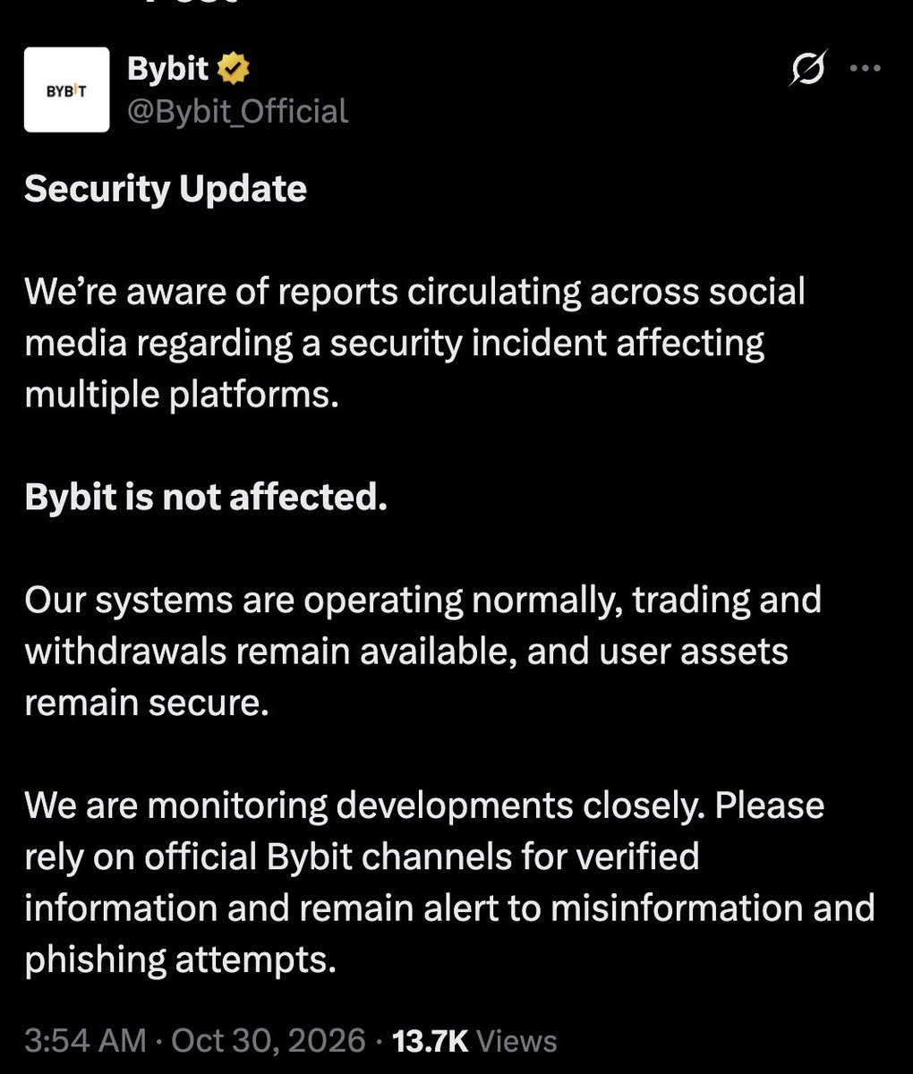 Screenshot of an official social media post by Bybit titled Security Update stating the platform is unaffected by security reports.