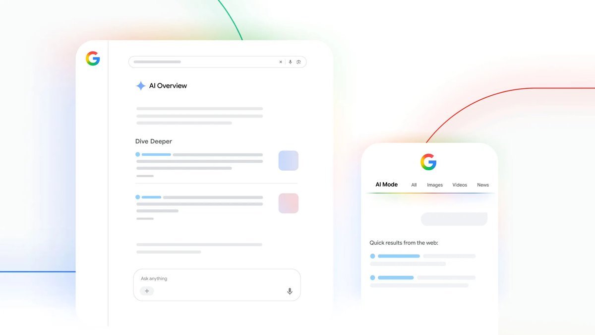 Interface mockups showing Google AI Overview with a Dive Deeper section on desktop and AI Mode on mobile.