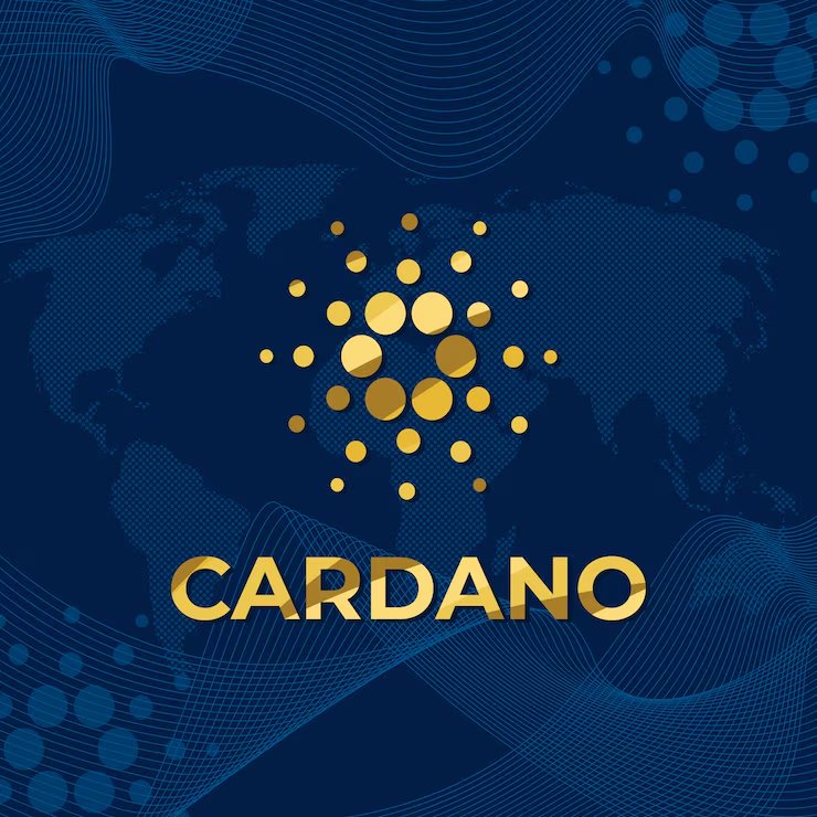 Cardano logo and name rendered in gold against a dark blue world map background