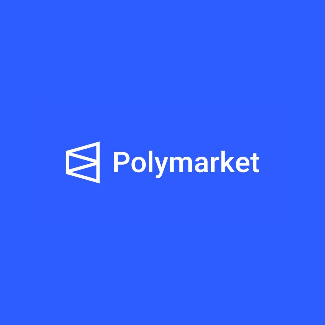 Polymarket logo and wordmark centered against a solid blue background.