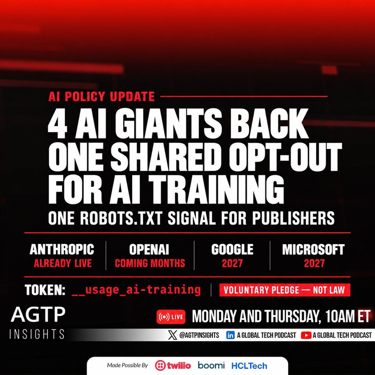 Graphic summarizing the shared AI training opt-out agreement among Anthropic, OpenAI, Google, and Microsoft, highlighting the robots.txt token and implementation timelines.